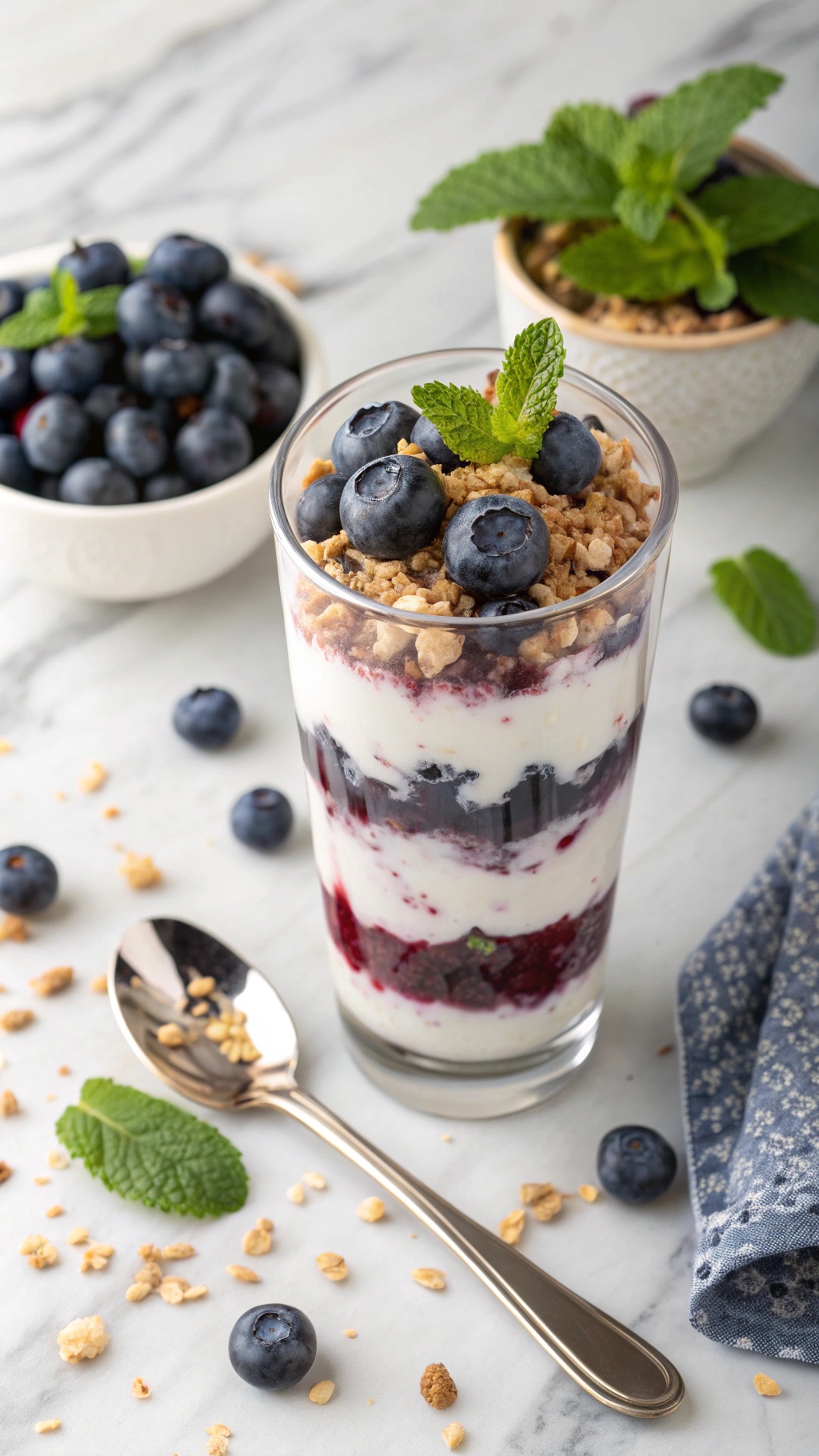 A delicious low-sugar blueberry parfait with layers of yogurt, blueberries, and granola, garnished with mint leaves.