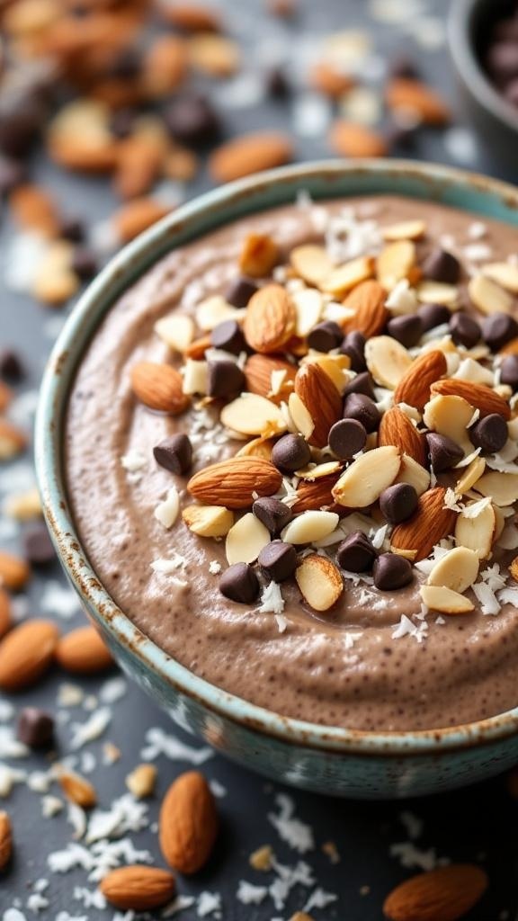 A bowl of Nutty Almond Joy Chia Pudding topped with almonds and chocolate chips.