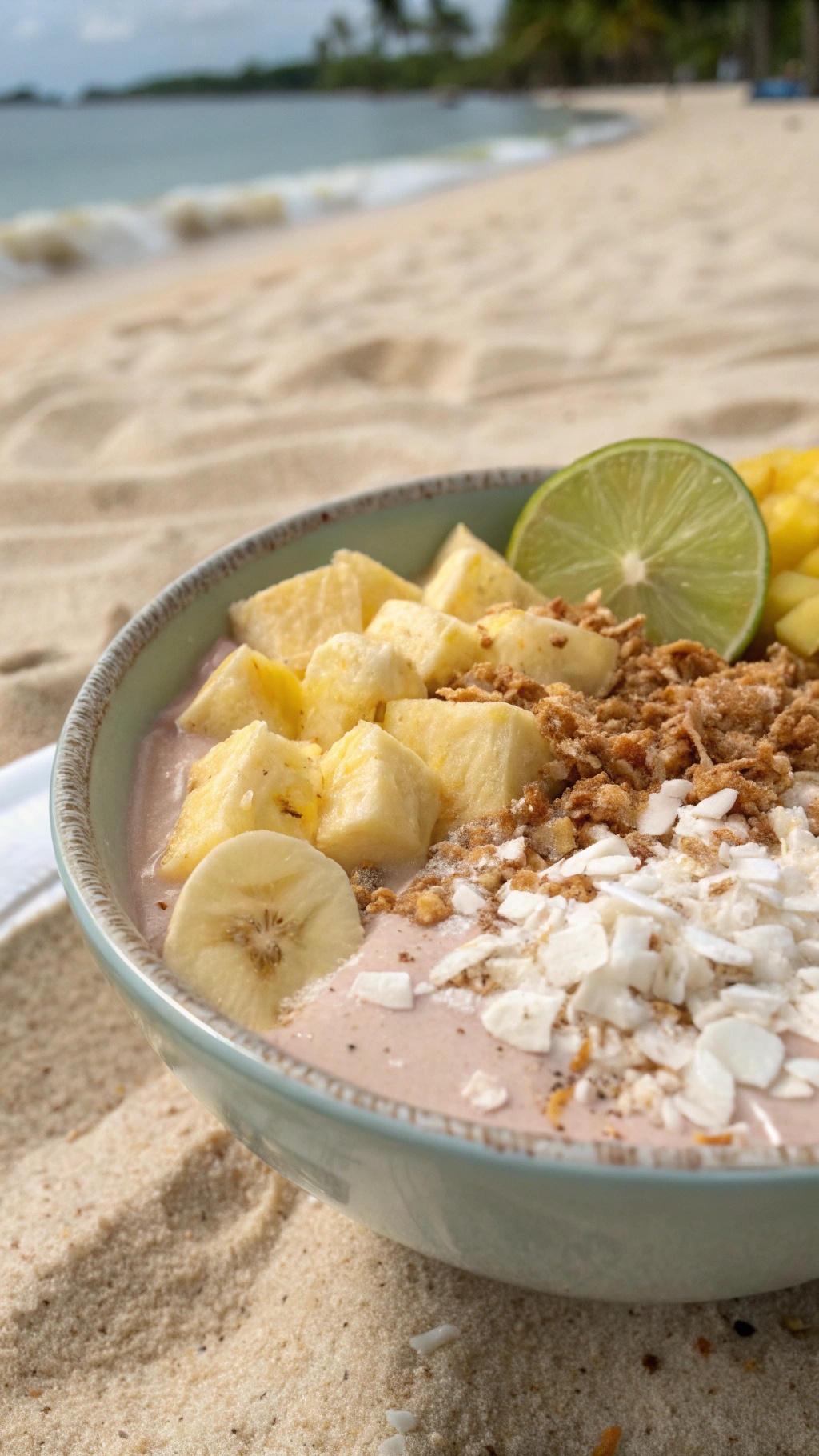 A tropical banana coconut smoothie bowl with fresh fruit toppings on a sandy beach.