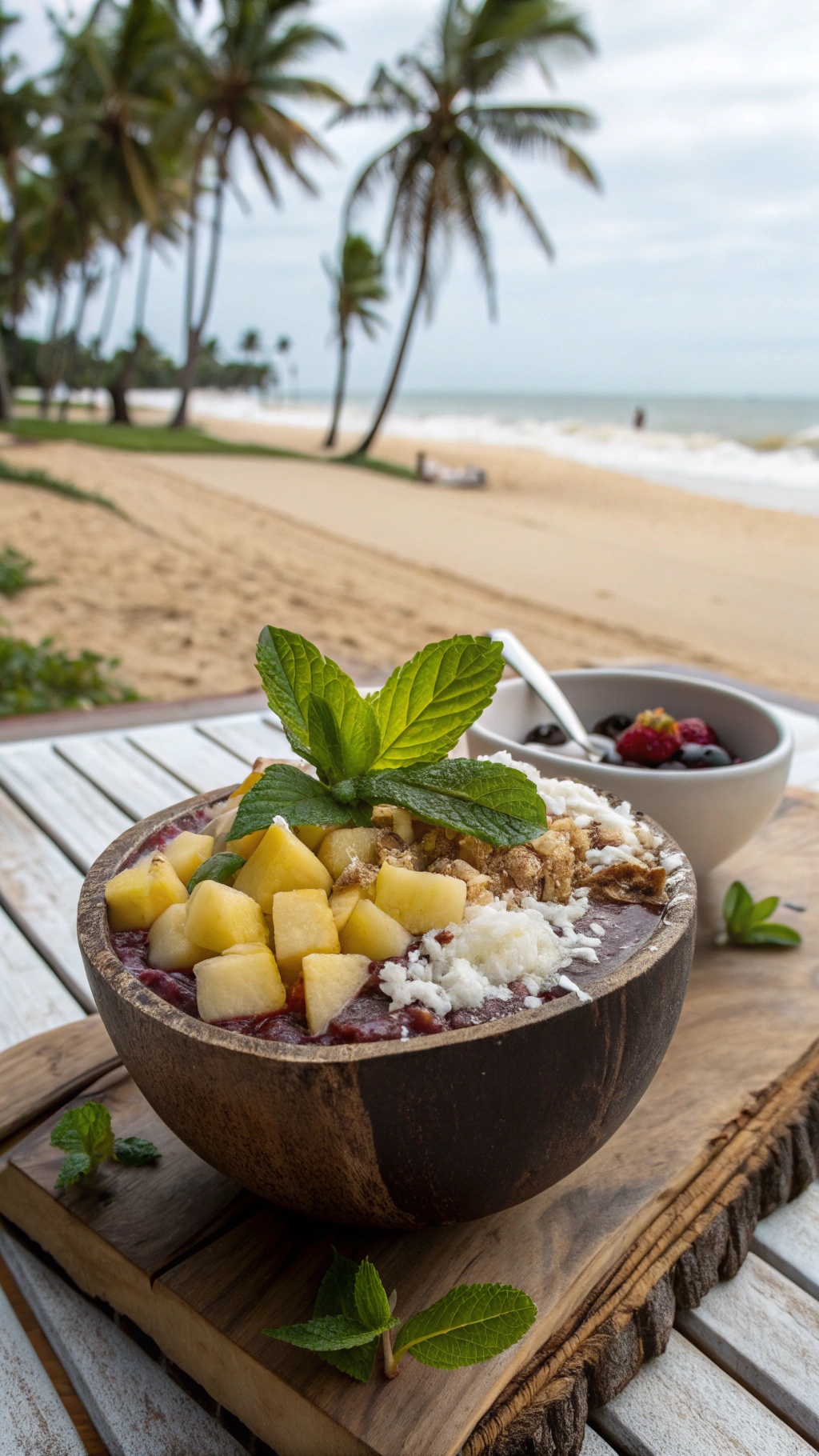 A vibrant Pineapple and Coconut Acai Bowl with fresh fruit and mint, set against a beach background.