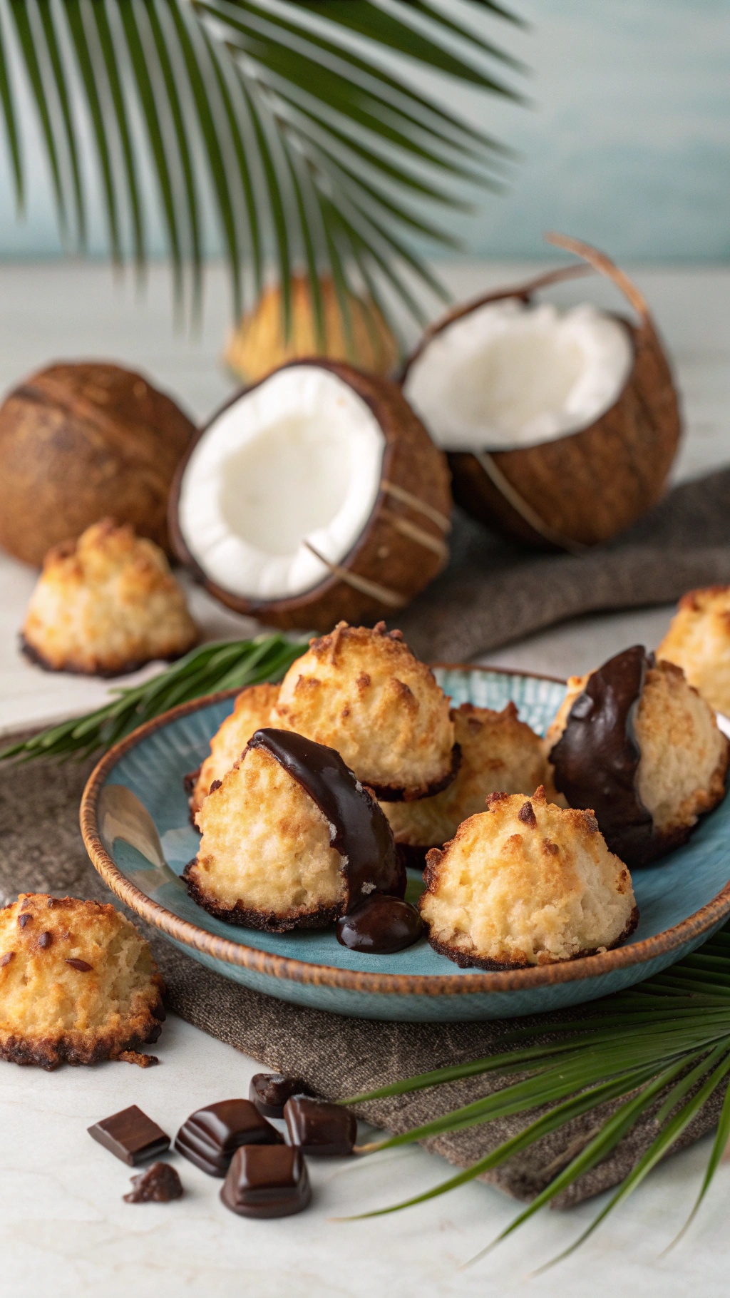 A plate of coconut macaroons with dark chocolate drizzle, surrounded by fresh coconuts and palm leaves.