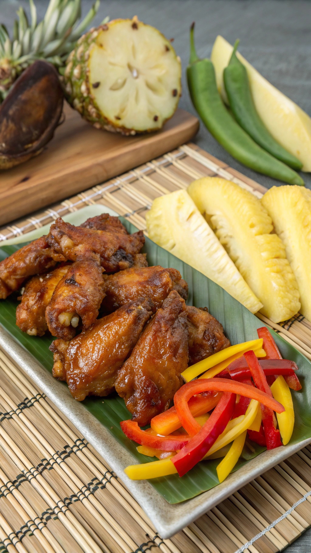 A plate of pineapple teriyaki chicken wings with fresh vegetables and pineapple slices, set on a bamboo mat.