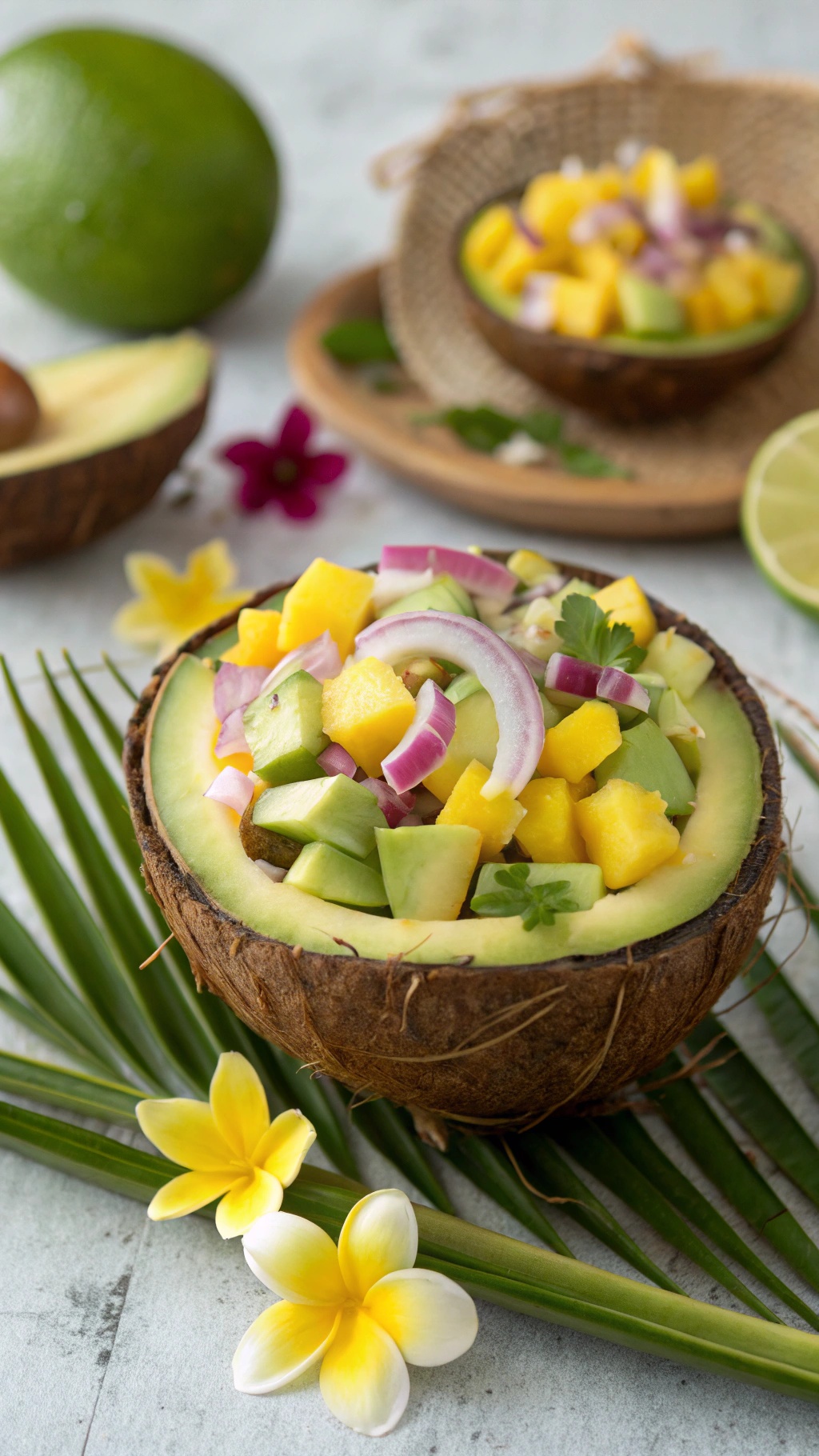 A colorful tropical mango and avocado salad served in a coconut bowl, garnished with flowers and lime.