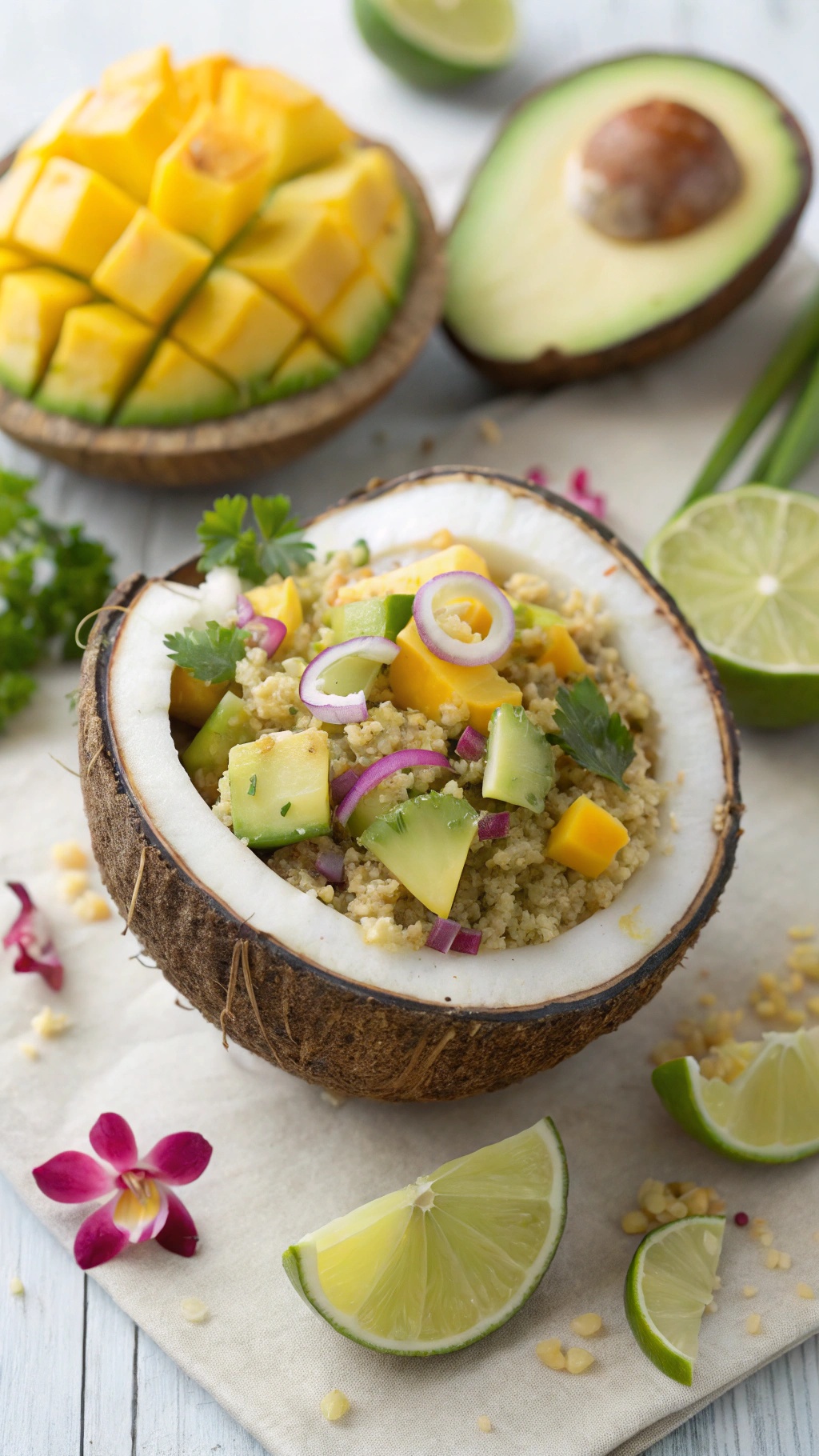 A vibrant quinoa salad with mango, avocado, and vegetables served in a coconut bowl.