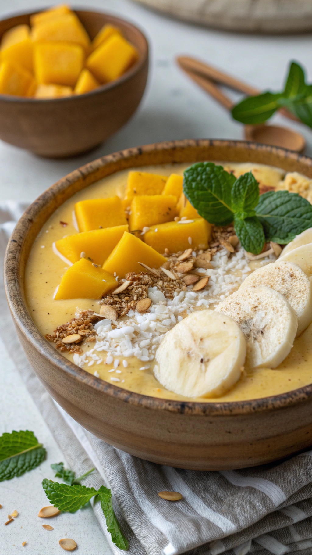 A vibrant Tropical Mango Paradise Bowl topped with mango, banana, granola, and mint leaves.