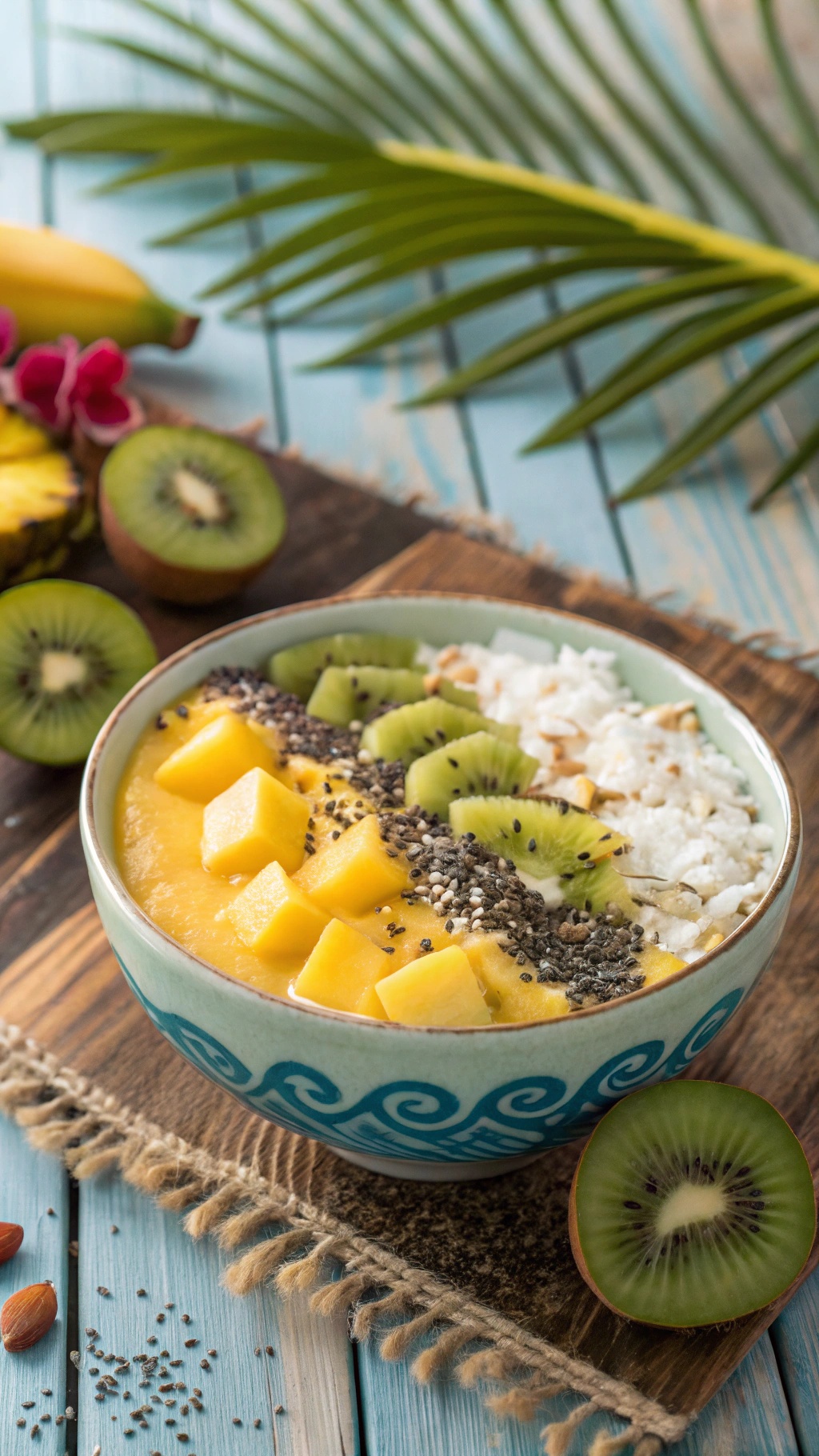 A vibrant smoothie bowl topped with mango, kiwi, chia seeds, and coconut flakes, set against a tropical backdrop.