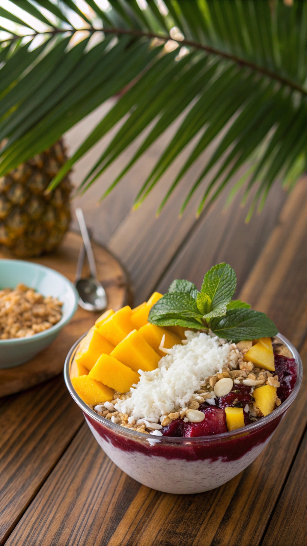 A vibrant Coconut and Mango Acai Bowl topped with mango slices, shredded coconut, and granola, set against a tropical backdrop.
