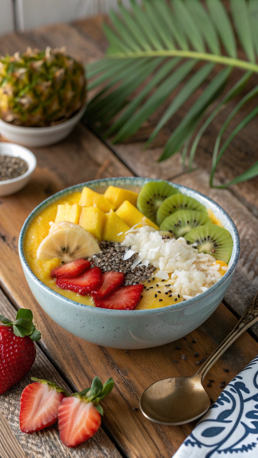 A tropical smoothie bowl with mango, banana, strawberries, kiwi, and chia seeds on a wooden table.
