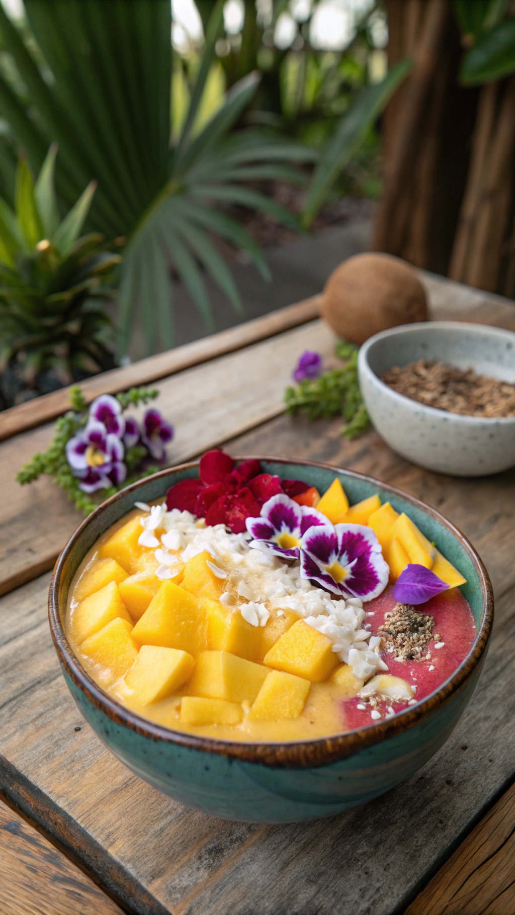 A colorful Tropical Paradise Smoothie Bowl topped with mango, coconut, and edible flowers, set against a tropical backdrop.