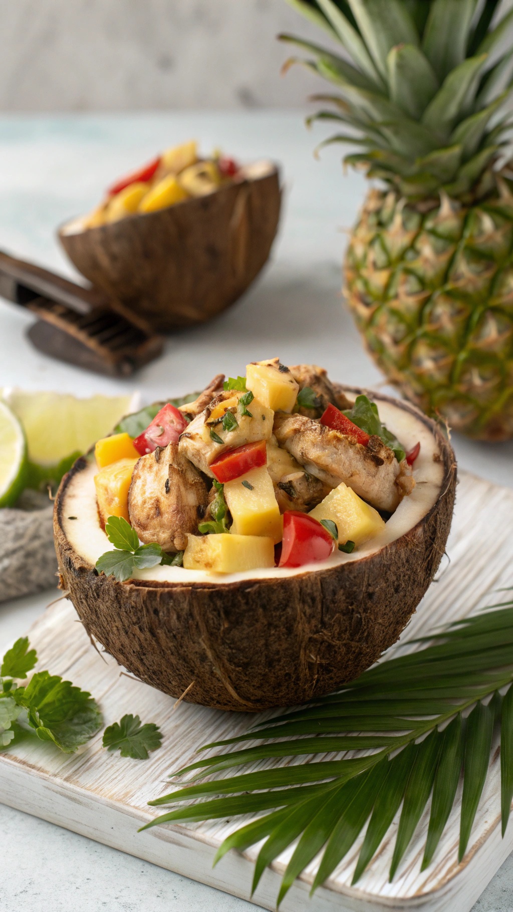 Tropical Pineapple Chicken Salad served in a coconut shell with fresh ingredients.