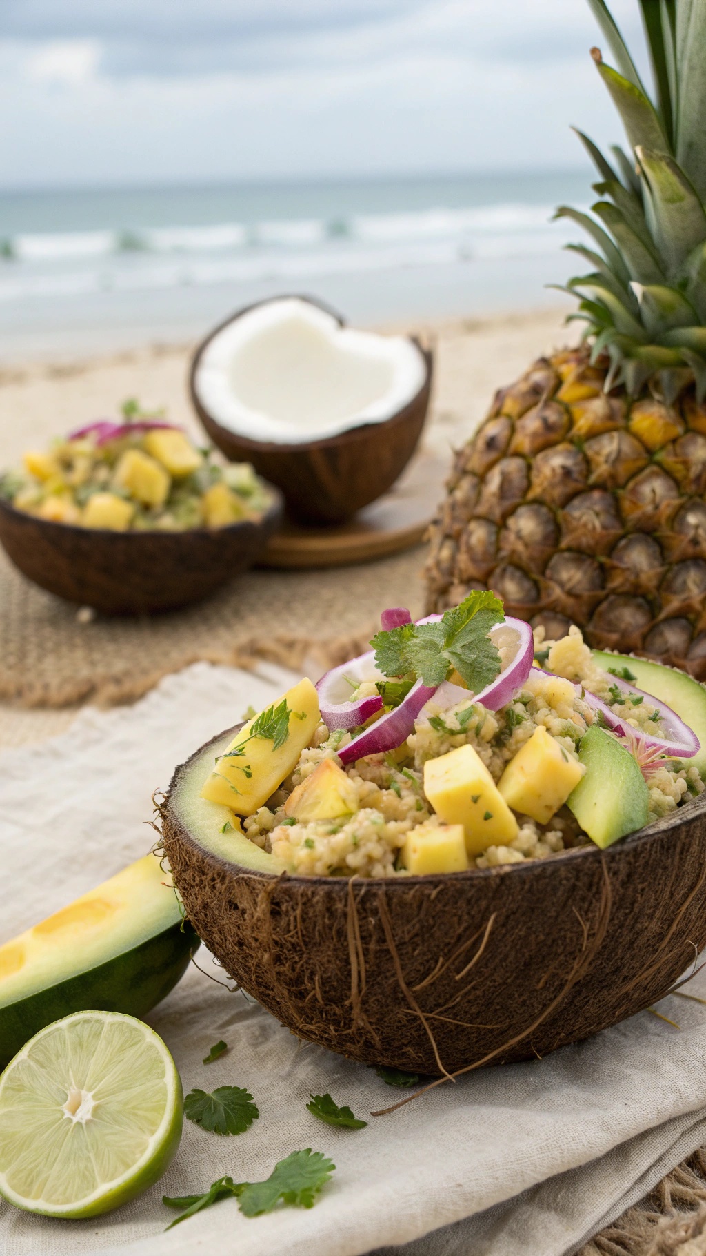 A tropical quinoa salad with mango and avocado served in coconut bowls on a beach setting.