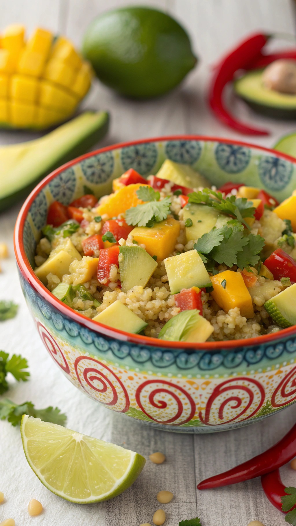 A colorful bowl of tropical quinoa salad with mango, avocado, and bell peppers.