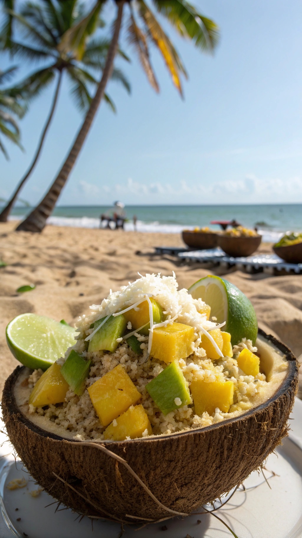 A tropical quinoa salad with mango and coconut served in a coconut shell on a sandy beach.
