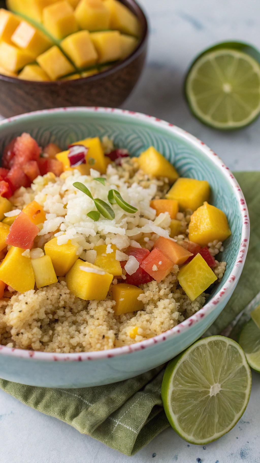 A colorful bowl of tropical quinoa salad with mango, pineapple, and fresh vegetables.