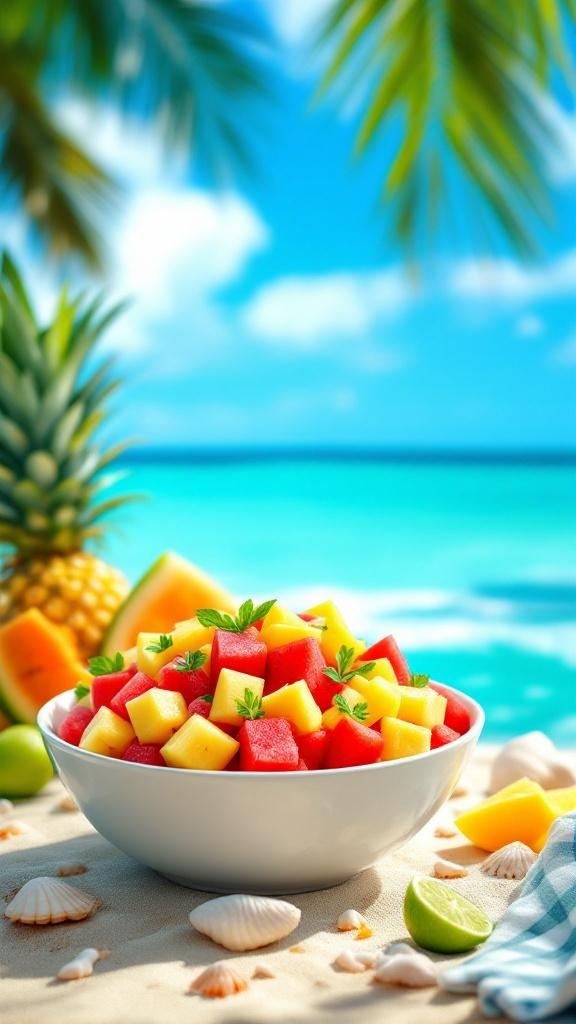 A bowl of tropical watermelon fruit salad with pineapple, garnished with mint, set against a beach background.