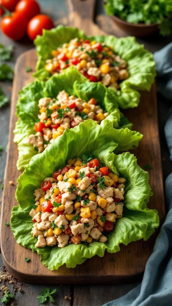 Tuna salad lettuce wraps filled with tuna, corn, and tomatoes on a wooden board
