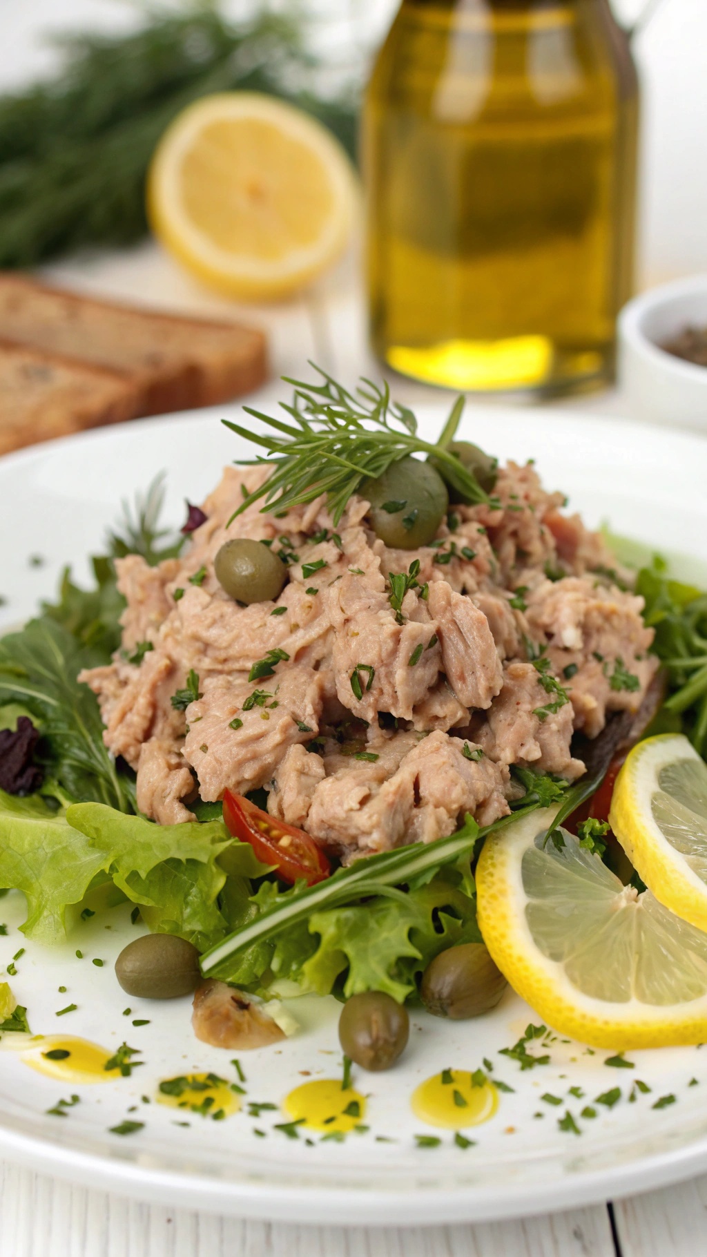 A plate of tuna salad with olive oil and capers, served on a bed of greens with lemon slices.