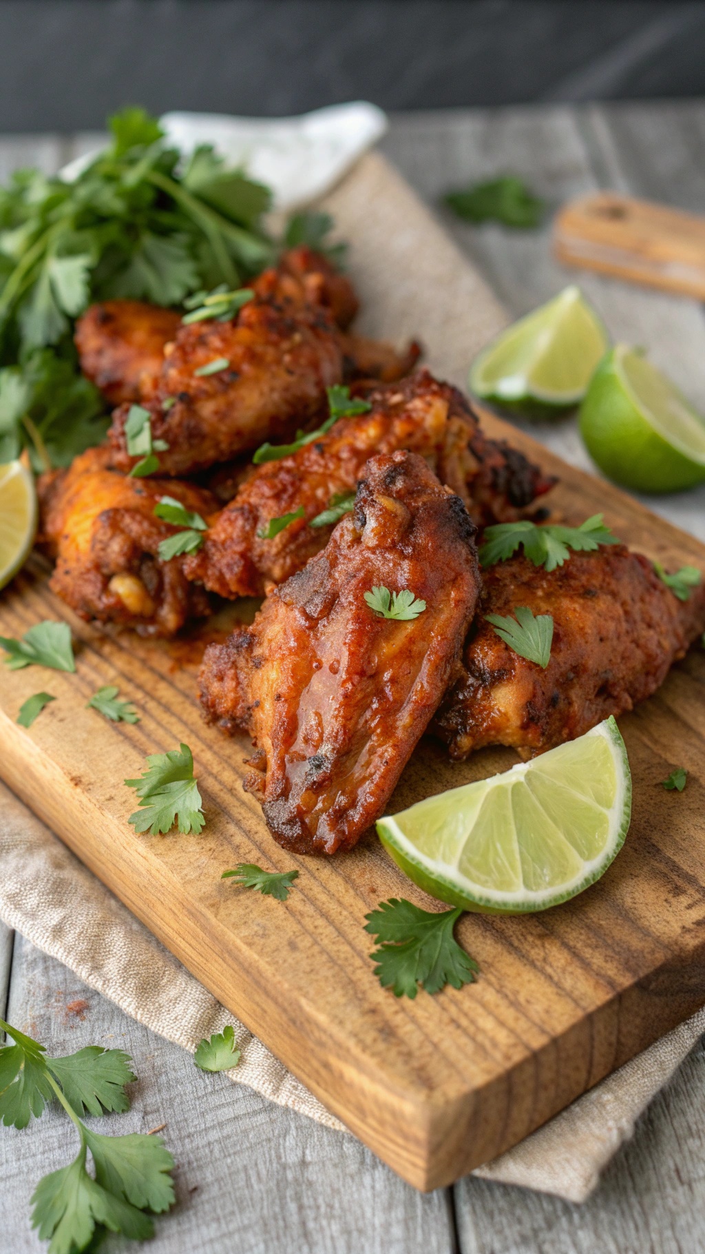 Smoky chipotle chicken wings garnished with cilantro and lime on a wooden board.