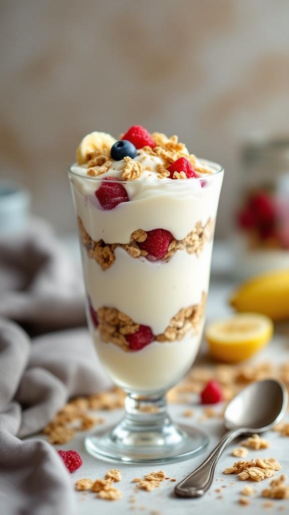 A delicious Vanilla Almond Banana Protein Parfait in a glass, layered with yogurt, bananas, granola, and topped with berries.