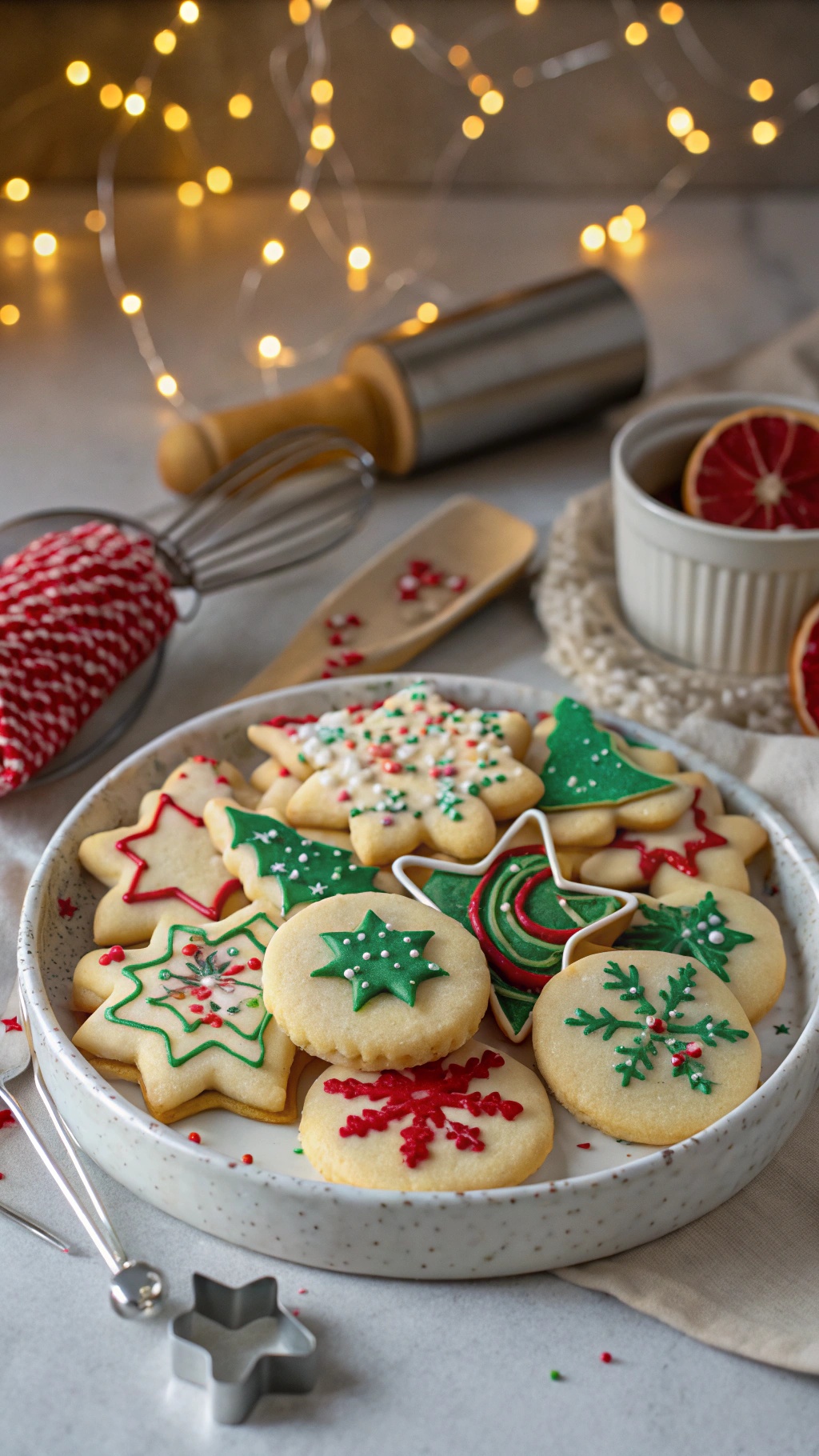 A plate of colorful vegan and gluten-free sugar cookies decorated for the holidays.