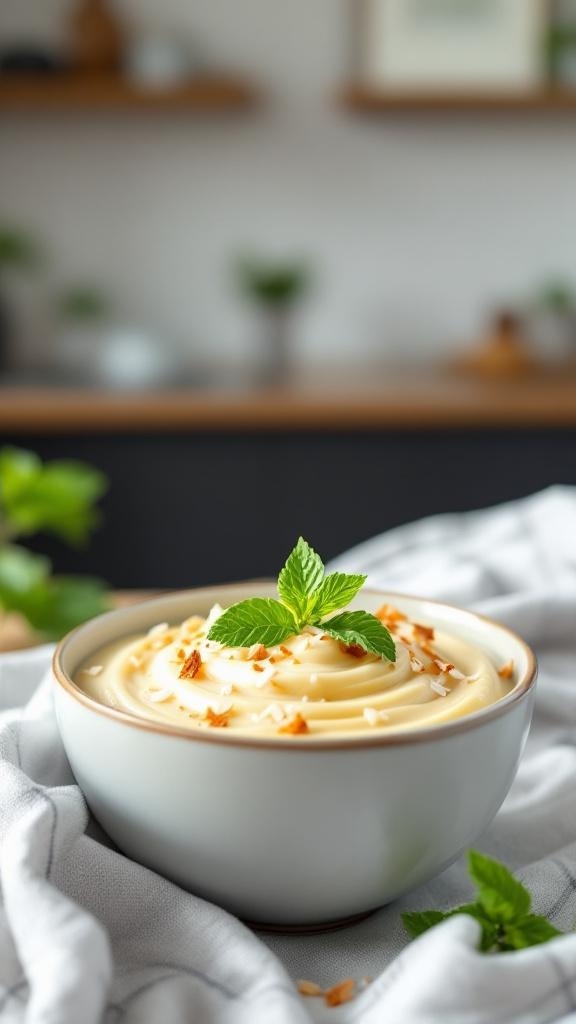 A bowl of vegan banana pudding topped with mint leaves and coconut flakes.