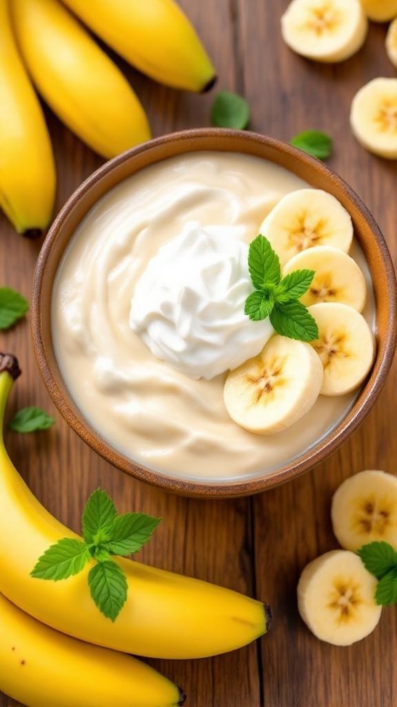A bowl of vegan banana pudding topped with banana slices and mint, surrounded by fresh bananas.
