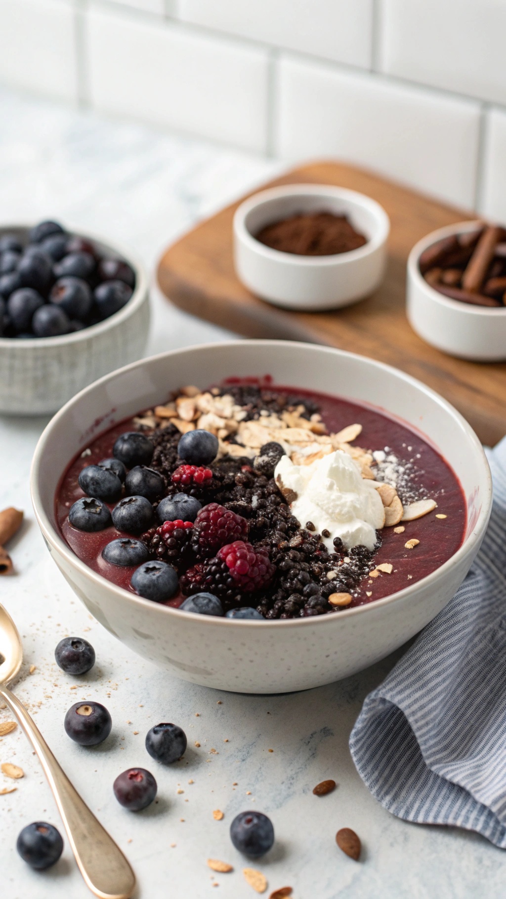 A delicious vegan chocolate berry smoothie bowl topped with fresh berries and granola.