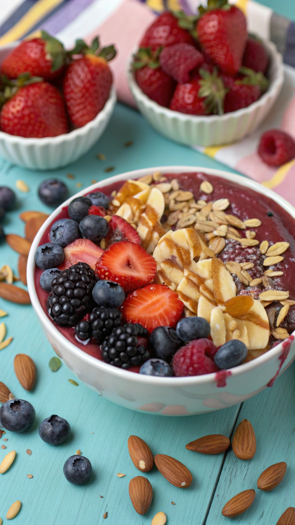 A colorful acai bowl topped with fresh berries and almonds on a blue wooden table.