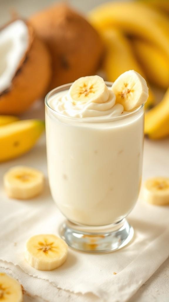 A glass of creamy vegan banana pudding topped with banana slices, surrounded by fresh bananas.