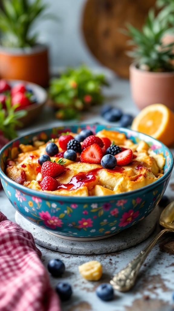 A colorful bowl of Vegan Overnight French Toast Casserole topped with fresh berries and syrup.