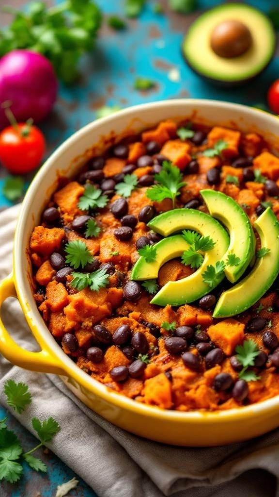 A vibrant vegan sweet potato and black bean casserole topped with avocado and cilantro.