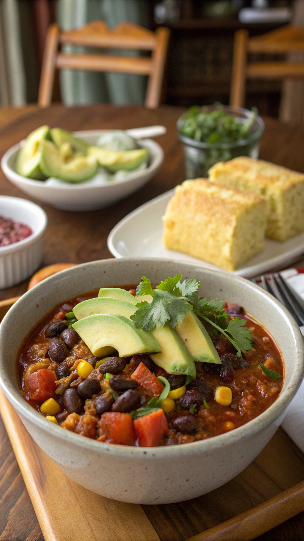 A bowl of vegetable and bean chili topped with avocado and cilantro, served with cornbread on the side.
