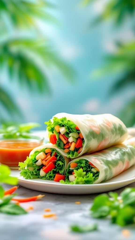 Fresh vegetable spring rolls with lettuce, carrots, bell peppers, and a dipping sauce