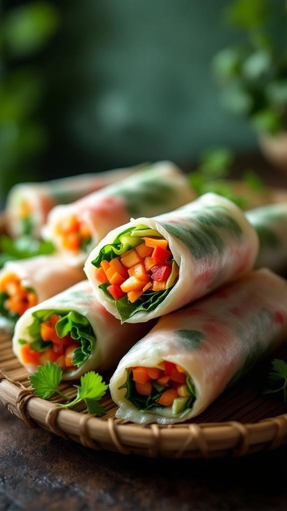 A plate of colorful vegetable spring rolls filled with fresh vegetables and herbs.