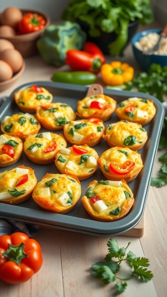 Veggie-packed breakfast egg muffins on a baking tray with fresh vegetables in the background.