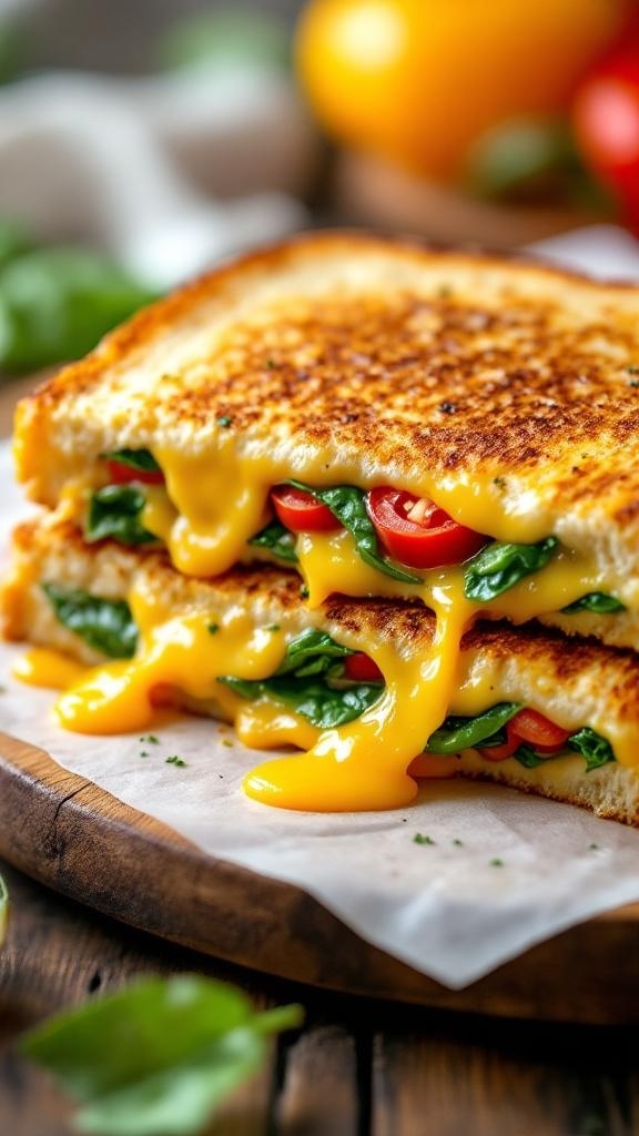 A delicious veggie-packed grilled cheese sandwich with melted cheese, spinach, and red bell pepper.