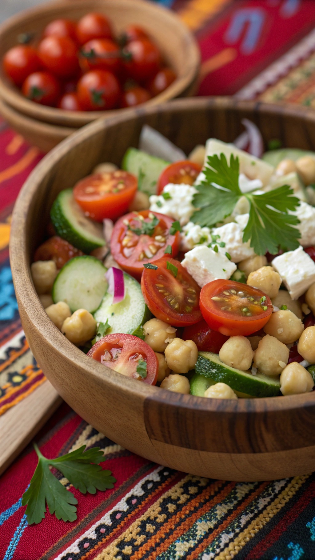 A colorful Mediterranean Chickpea Salad in a wooden bowl, featuring cherry tomatoes, cucumbers, and feta cheese.
