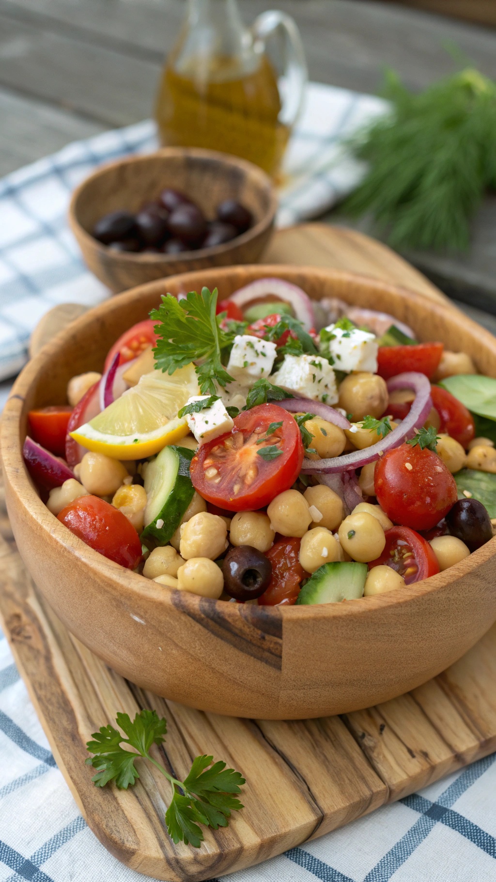 A colorful Mediterranean chickpea salad in a wooden bowl, featuring cherry tomatoes, cucumbers, red onions, olives, and feta cheese.