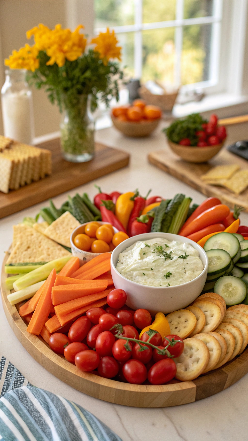 A colorful veggie board with assorted vegetables, a creamy dip, and crackers.