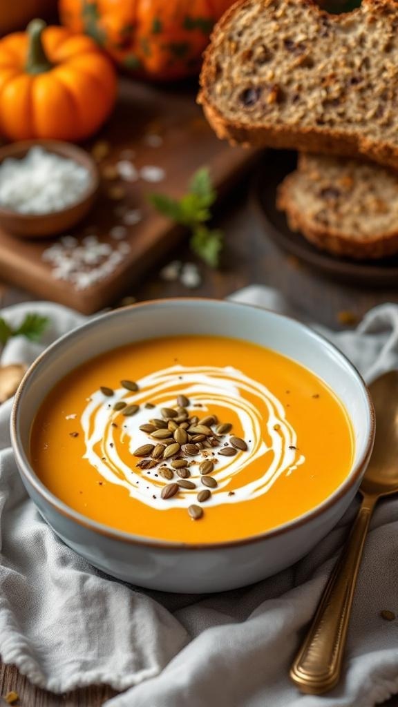 A bowl of spiced butternut squash soup garnished with cream and pumpkin seeds, with rustic bread in the background.