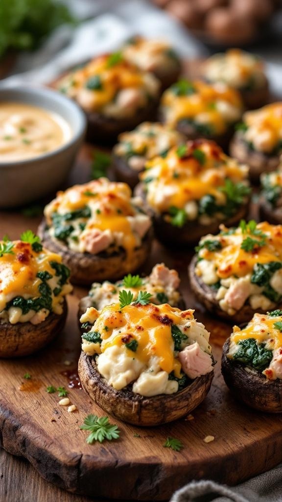 Turkey and spinach stuffed mushrooms on a wooden platter with cheese and herbs