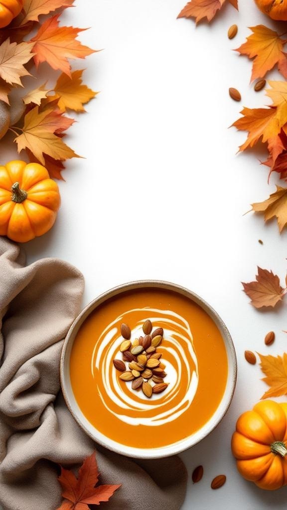 A bowl of pumpkin soup garnished with cream and pumpkin seeds, surrounded by autumn leaves and small pumpkins.