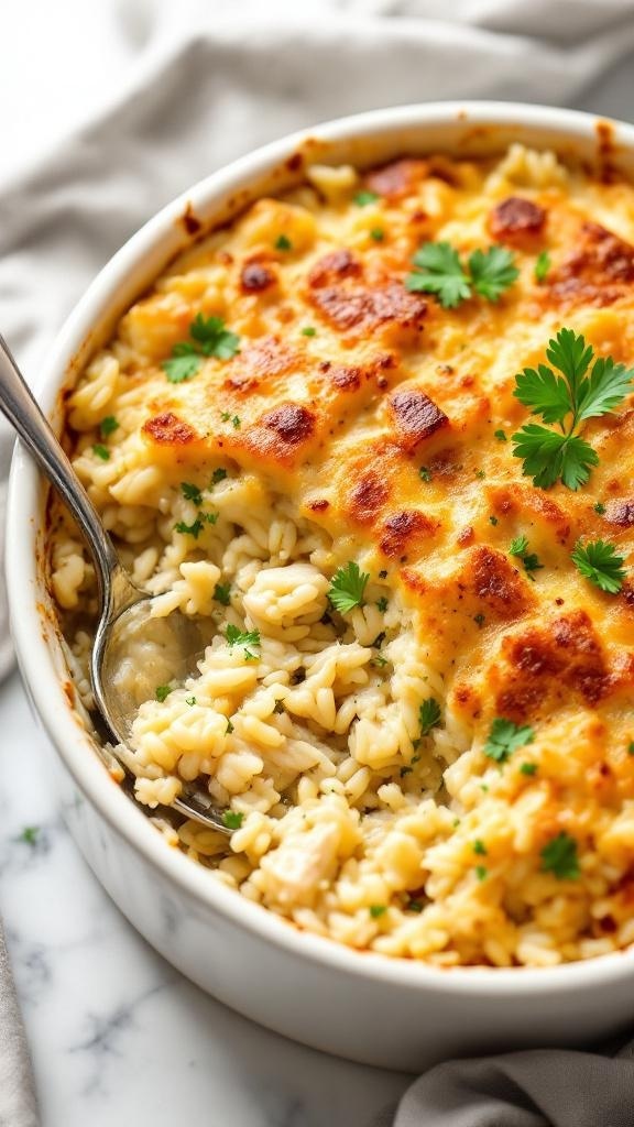 A delicious chicken and rice casserole topped with melted cheese and garnished with parsley.