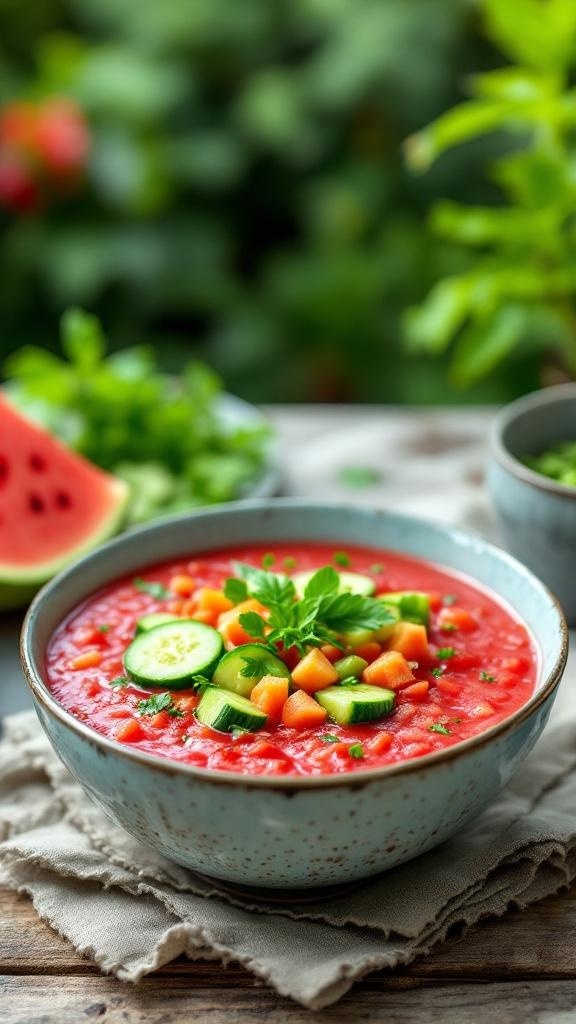 A bowl of watermelon gazpacho garnished with cucumber and herbs, with fresh watermelon in the background.
