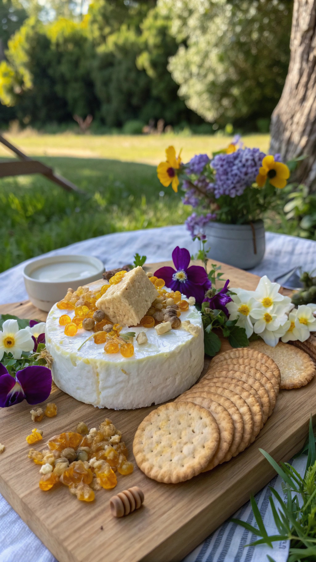 A whimsical cheese board featuring goat cheese topped with honeycomb, surrounded by crackers and edible flowers.
