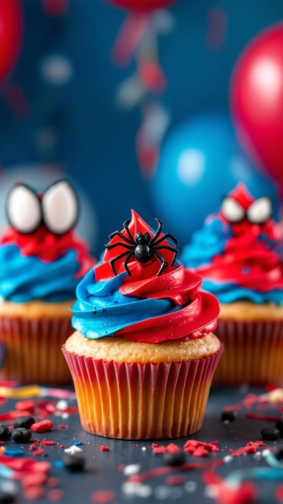 Colorful Spiderman-themed cupcakes with red and blue frosting, topped with spider decorations.