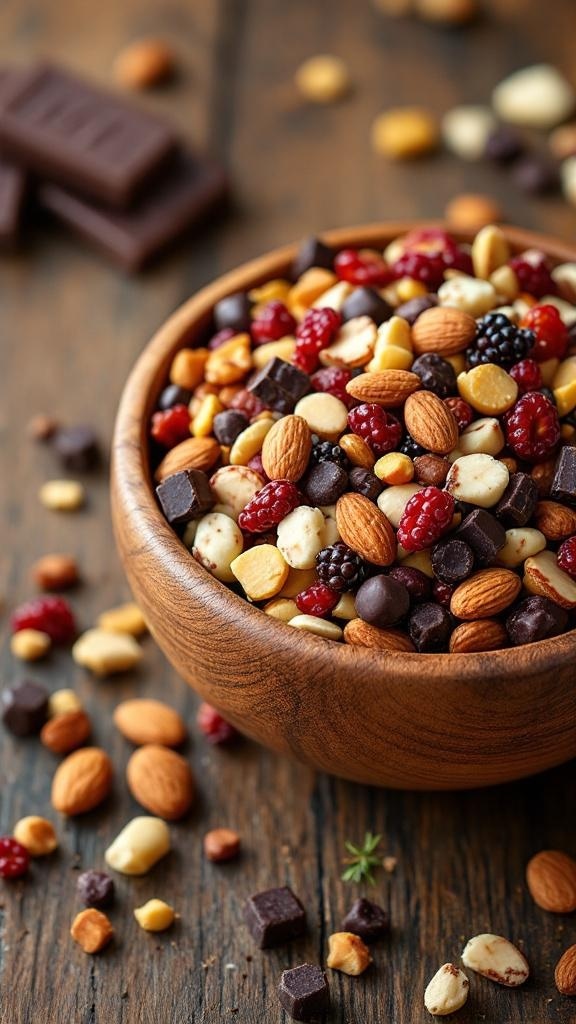 A bowl of wholesome almond trail mix with nuts, dried fruits, and chocolate.