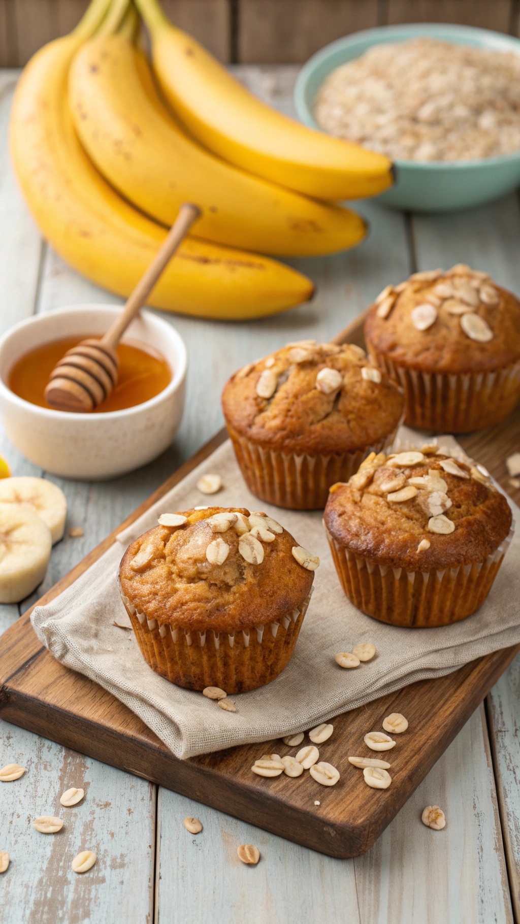 Wholesome banana oatmeal muffins with bananas and oats in the background