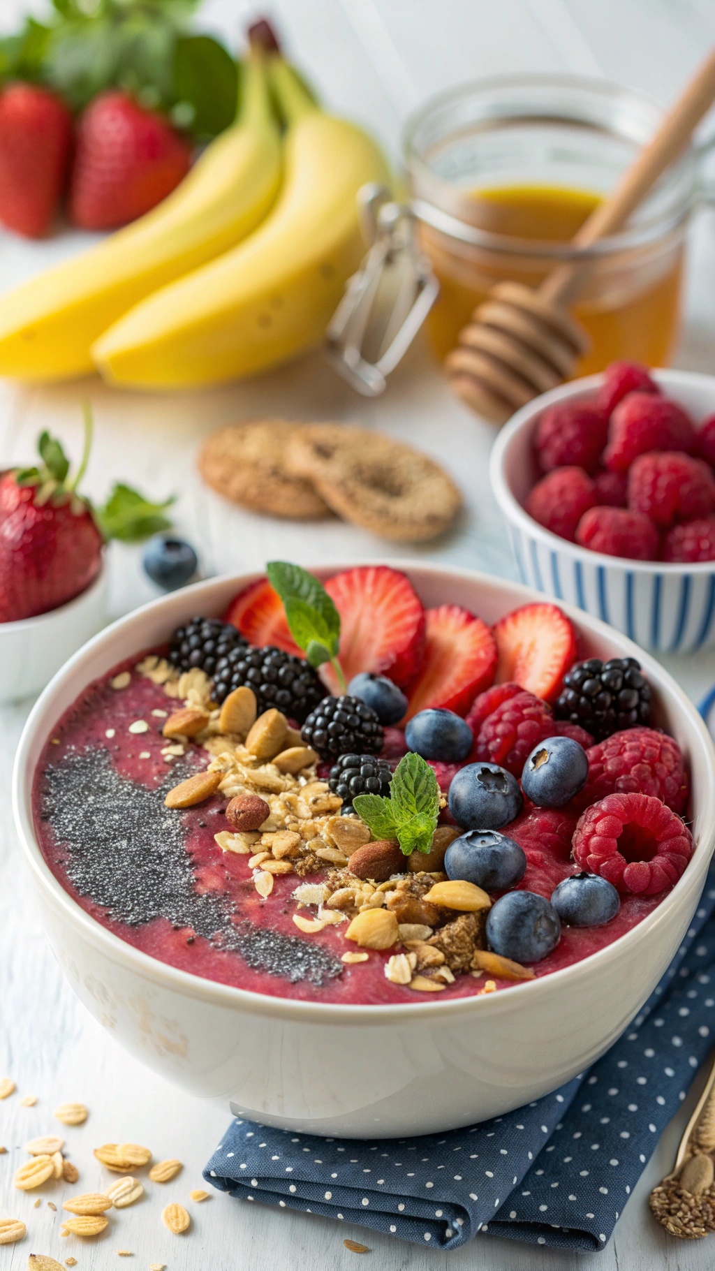 A colorful smoothie bowl topped with berries, granola, and mint leaves.