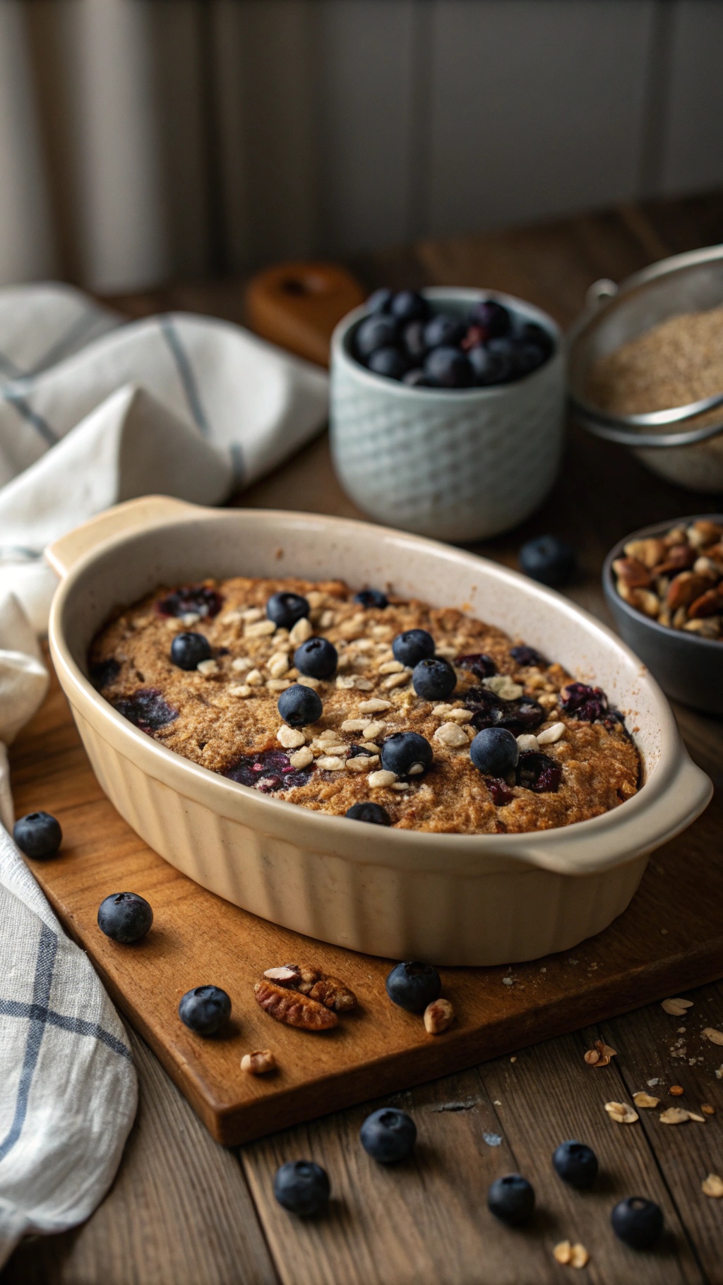 A wholesome blueberry oatmeal bake in a dish, topped with fresh blueberries and oats, surrounded by ingredients on a wooden table.
